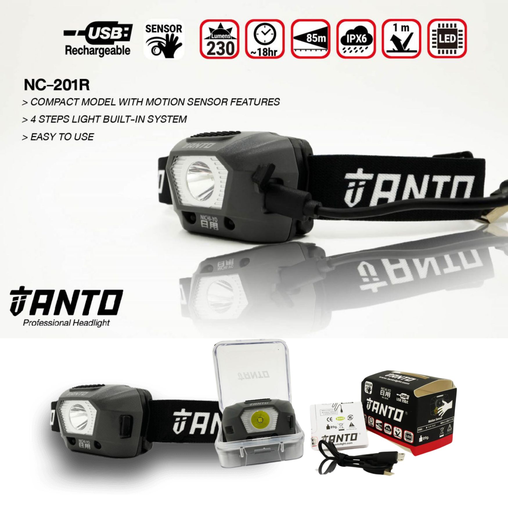 ไฟฉายคาดศีรษะ TANTO NC-201R พกพาสะดวก มีMotion sensor และสามารถชาร์จผ่านสาย USB ได้