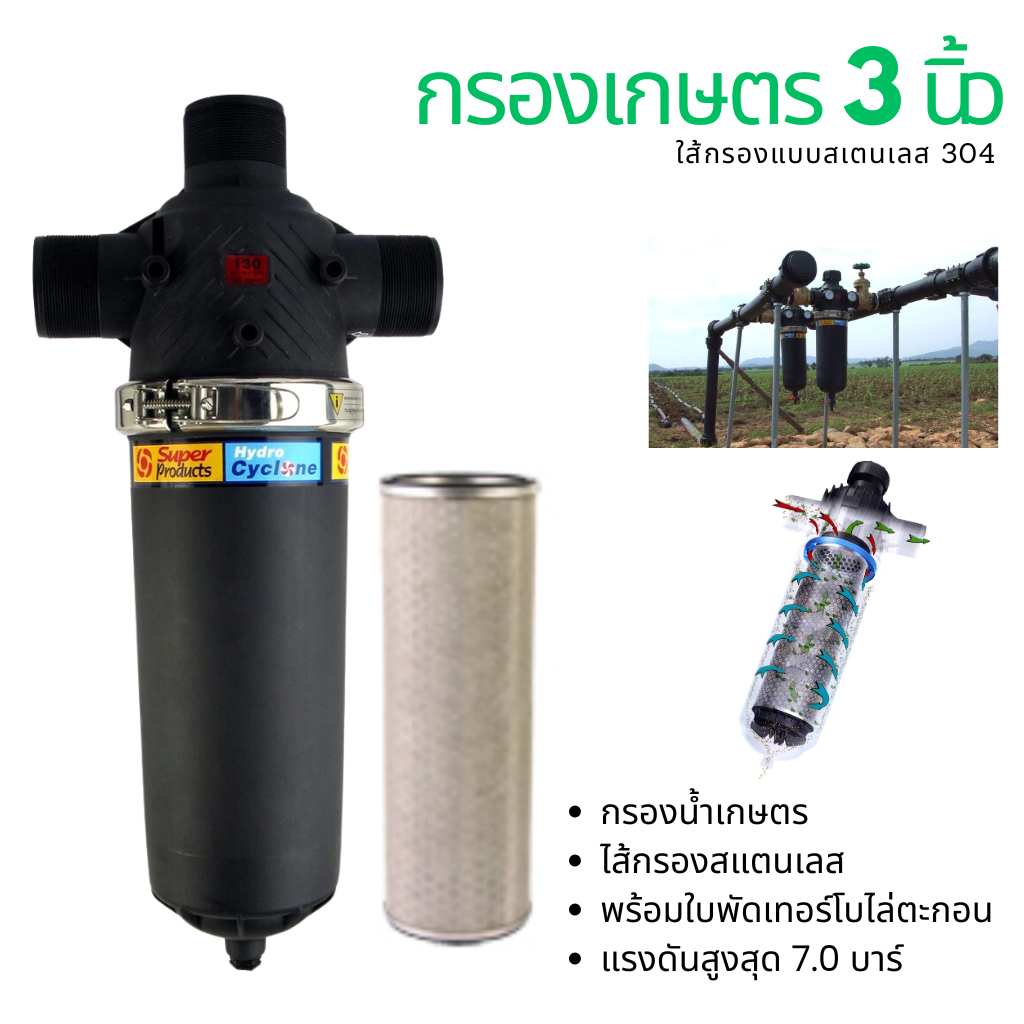 กรองเกษตร 3 นิ้ว ใส้กรองสแตนเลส 304 พร้อมใบพัดเทอร์โบไล่ตะกอน แรงดันสูงสุด 7.0 บาร์